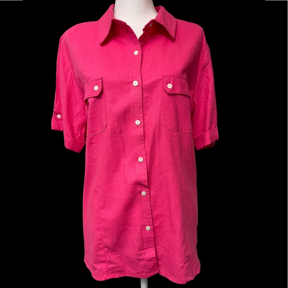 WHITE STAG LINEN & RAYON DARK PINK BUTTON FRONT BLOUSE , SIZE XL